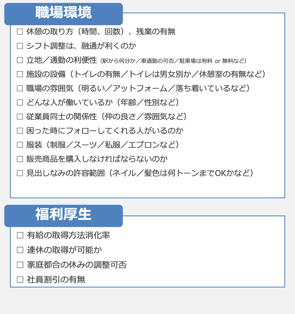 職場環境:福利厚生(販売志望)図